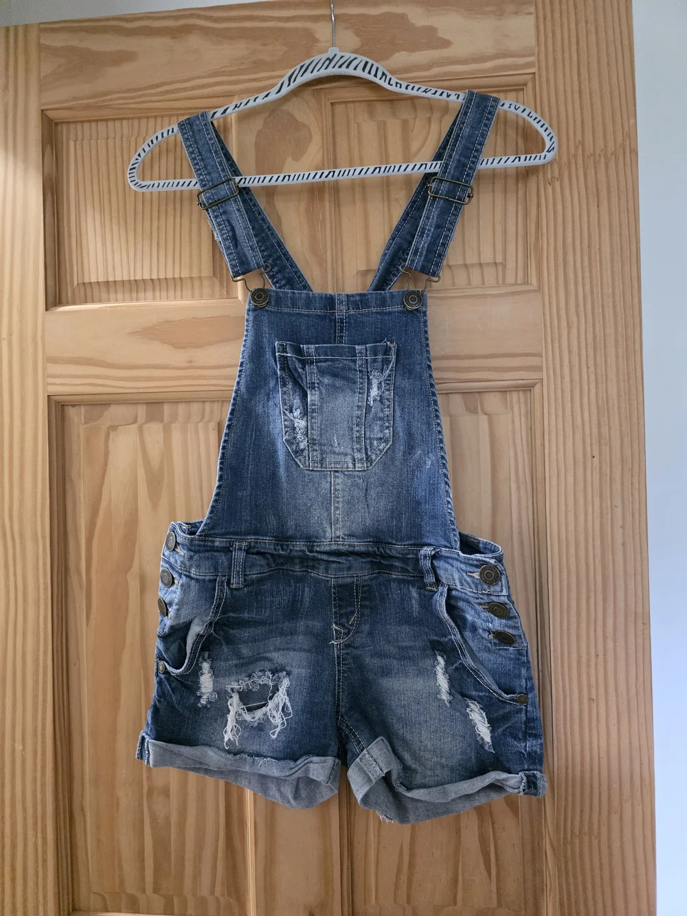 Denim Blue Distressed Short Overalls